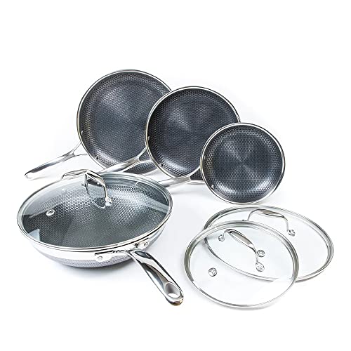 HexClad 7-Piece Hybrid Stainless Steel Cookware Set with Lids and Wok - Metal Utensil and...